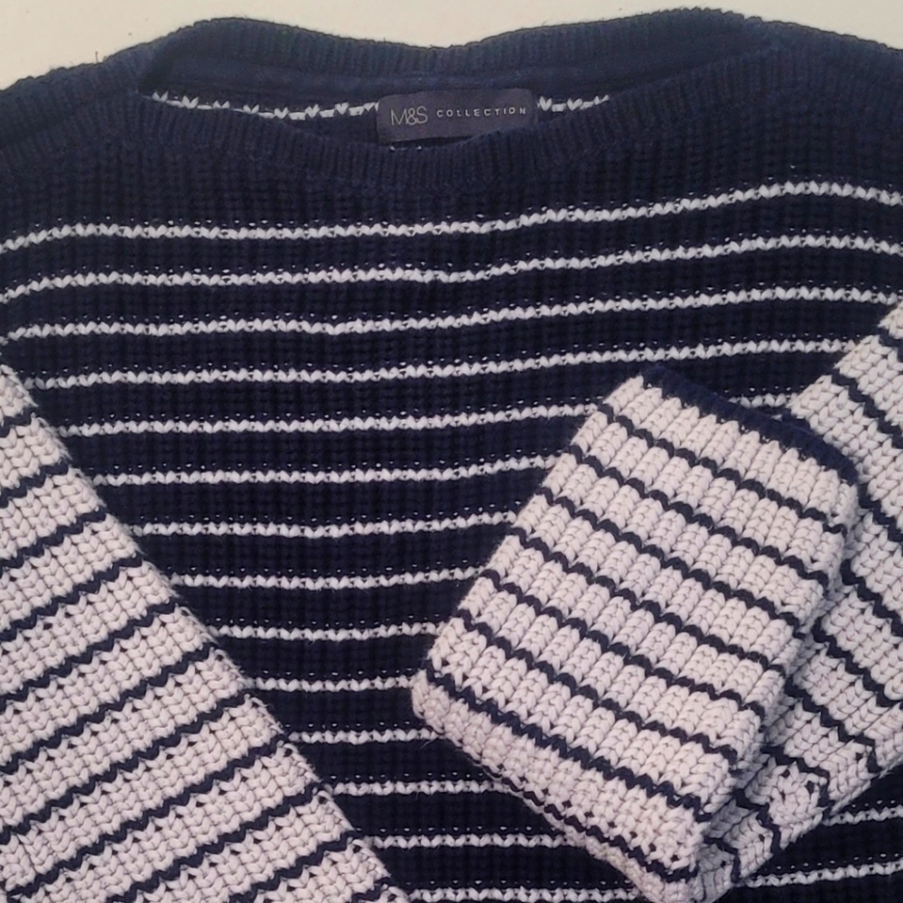 M&S Collection 100% cotton navy/white striped cotton boatneck sweater US…